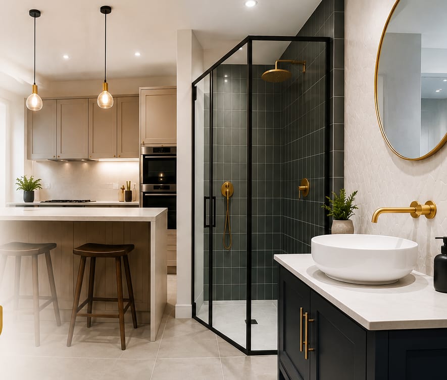 Modern kitchen and bathroom renovation with walk-in shower and brass fittings by Kings Renovations in Hertfordshire